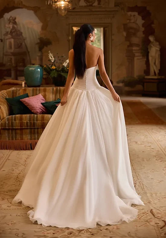 Elegant A-Line Strapless Flowy White Floor-Length Wedding Dresses Bride Gown