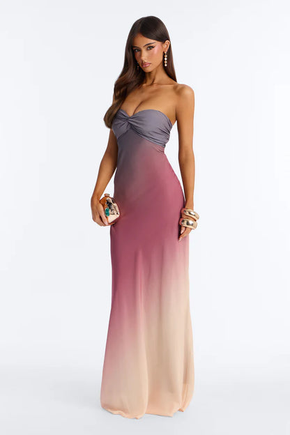 Elegant A-Line Strapless Ombre Twisted Bodice Floor-Length Prom Dress