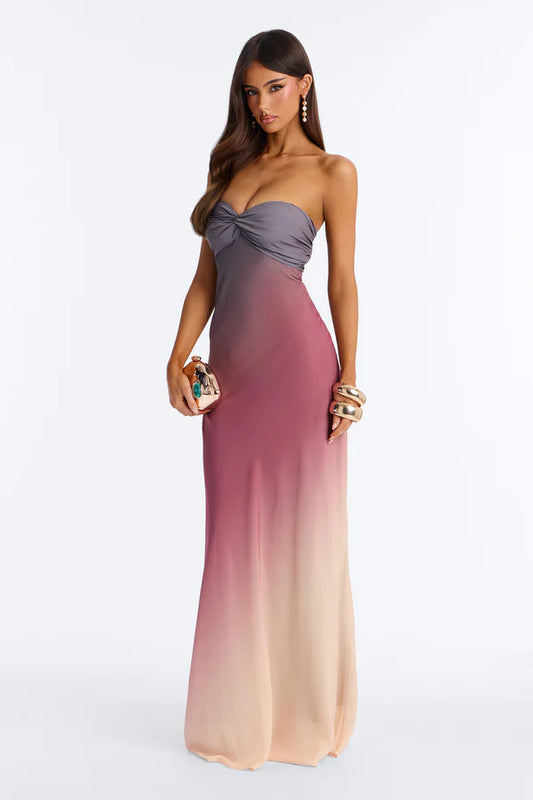 Elegant A-Line Strapless Ombre Twisted Bodice Floor-Length Prom Dress
