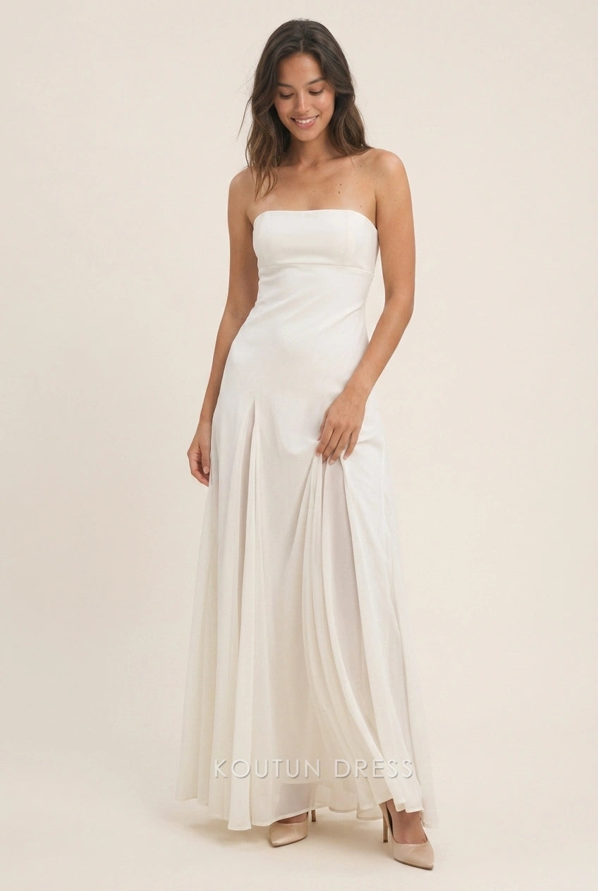 Elegant A-Line Strapless Pleated Chic Light Beige Floor-Length Prom Dresses