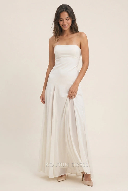 Elegant A-Line Strapless Pleated Chic Light Beige Floor-Length Prom Dresses