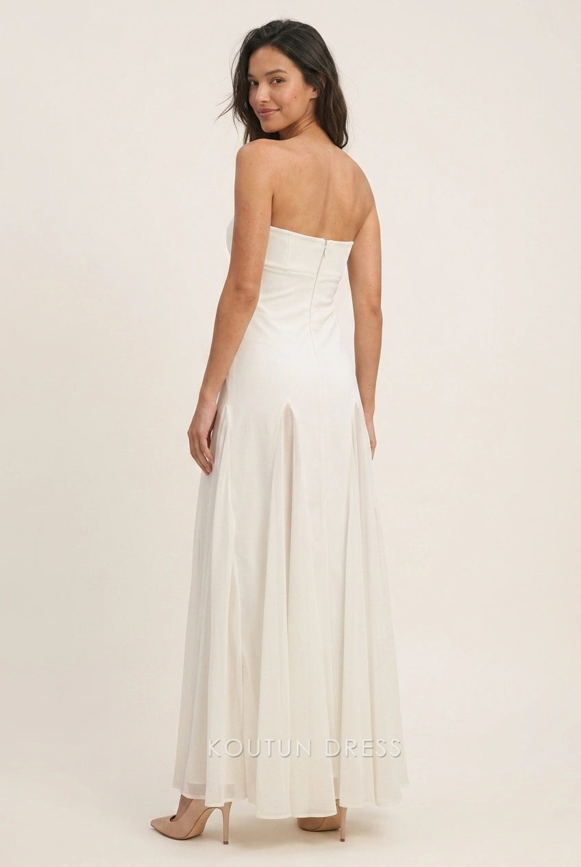 Elegant A-Line Strapless Pleated Chic Light Beige Floor-Length Prom Dresses
