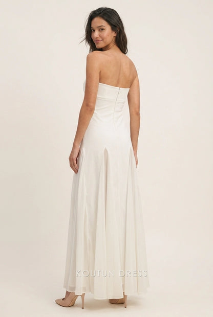 Elegant A-Line Strapless Pleated Chic Light Beige Floor-Length Prom Dresses