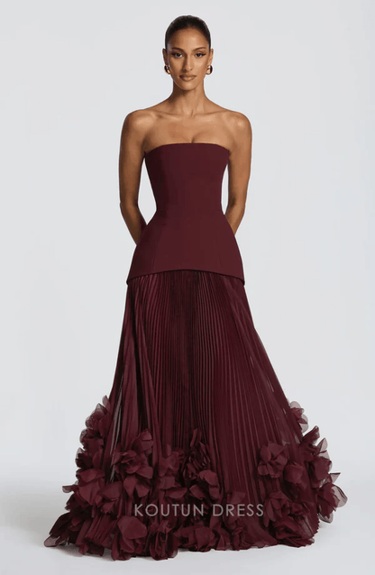 Elegant A-Line Strapless Pleated Ruffle Burgundy Floor-Length Prom Dresses Gown