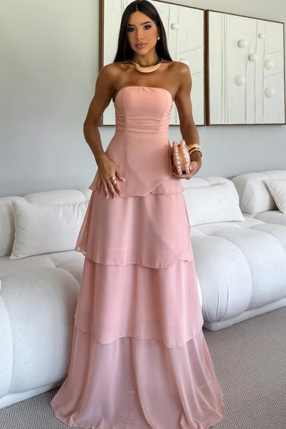 Elegant A-Line Strapless Pleated Tiered Pink Floor-Length Prom Dresses