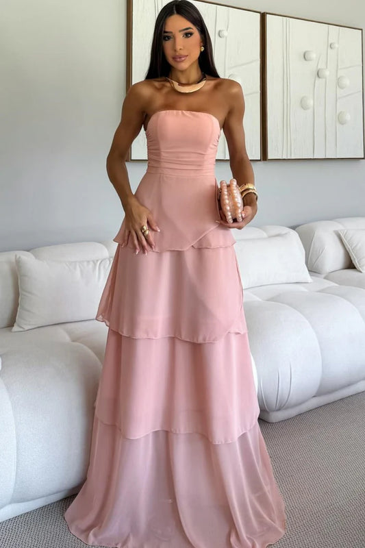 Elegant A-Line Strapless Pleated Tiered Pink Floor-Length Prom Dresses