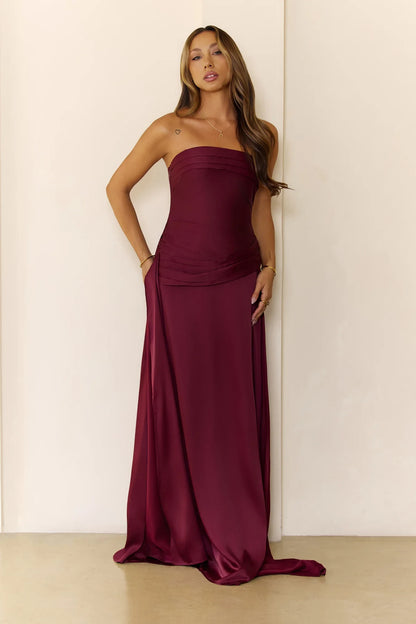 Elegant A-Line Strapless Ruched Flowing Burgundy Floor-Length Prom Gown
