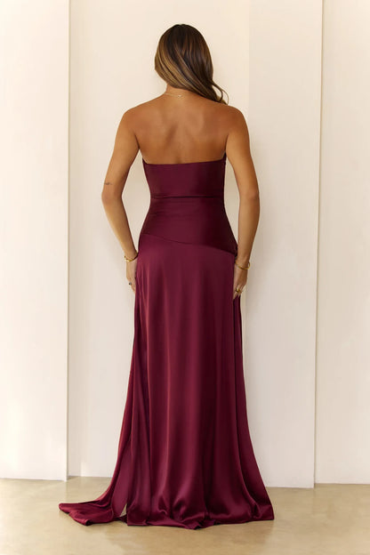 Elegant A-Line Strapless Ruched Flowing Burgundy Floor-Length Prom Gown