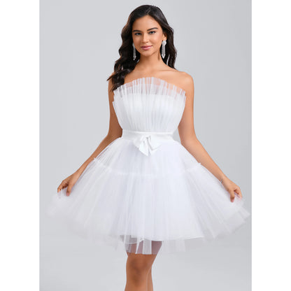 Elegant A-Line Strapless Ruffled Bow-Knot White Short Homecoming Dress