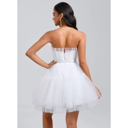 Elegant A-Line Strapless Ruffled Bow-Knot White Short Homecoming Dress