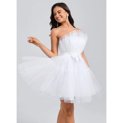 Elegant A-Line Strapless Ruffled Bow-Knot White Short Homecoming Dress