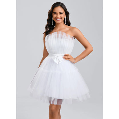 Elegant A-Line Strapless Ruffled Bow-Knot White Short Homecoming Dress