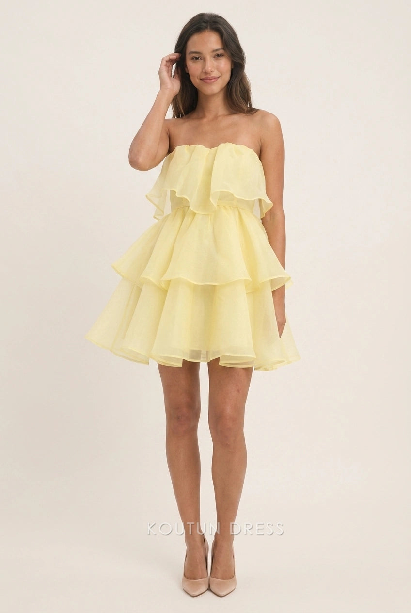 Elegant A-Line Strapless Ruffled Chic Pale Yellow Mini Homecoming Dresses