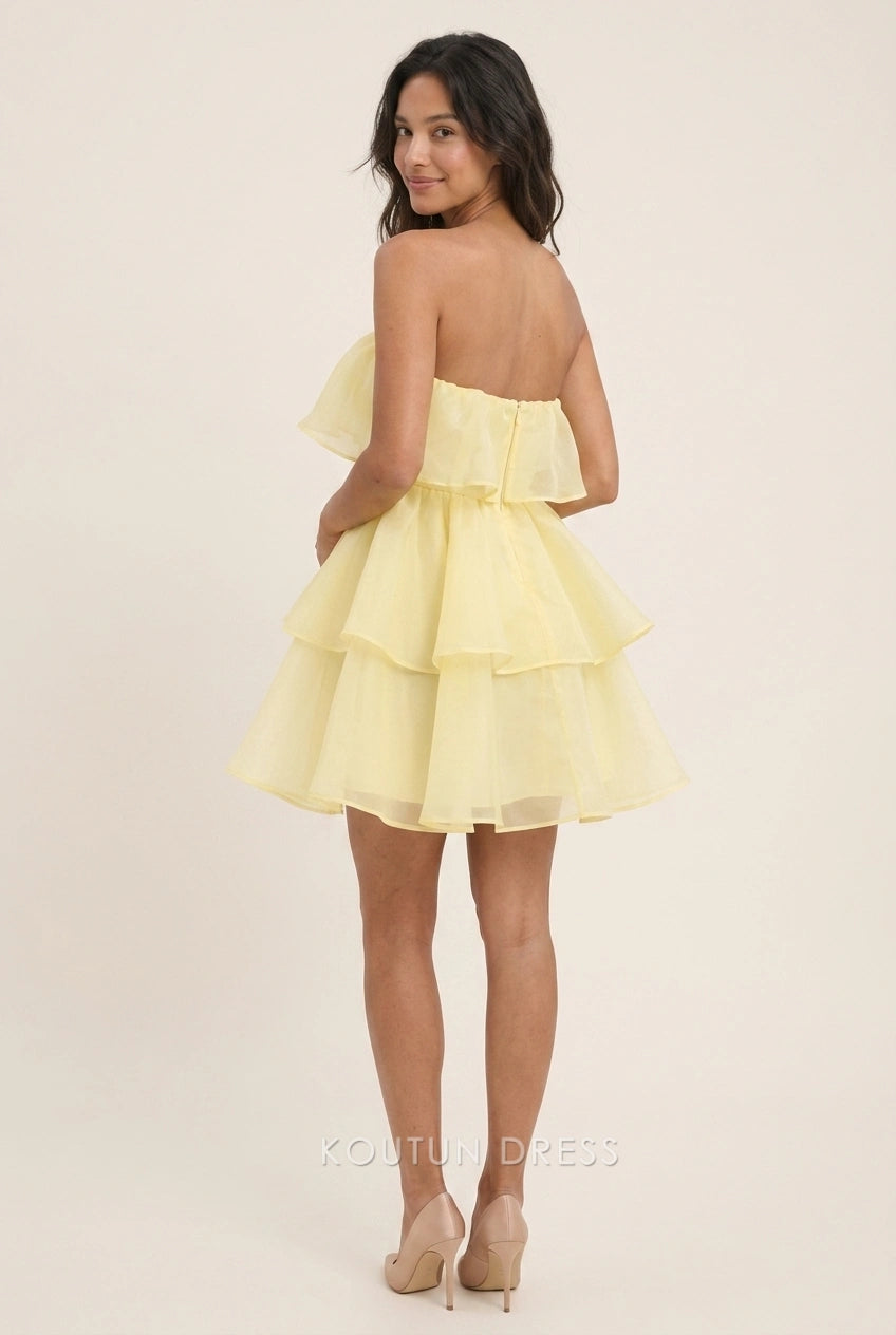 Elegant A-Line Strapless Ruffled Chic Pale Yellow Mini Homecoming Dresses