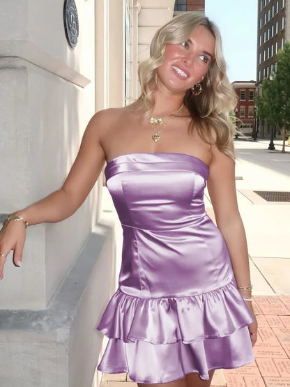 Elegant A-Line Strapless Ruffled Lavender Short Homecoming Dress for Women