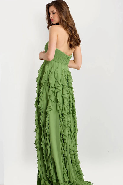 Elegant A-Line Strapless Ruffled Olive Green Floor-Length Evening Dress