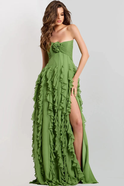 Elegant A-Line Strapless Ruffled Olive Green Floor-Length Evening Dress