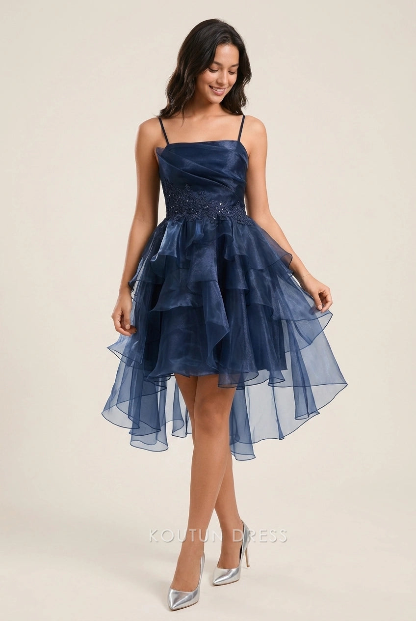 Elegant A-Line Strapless Ruffled Tiered Navy Blue High-Low Homecoming Dresses