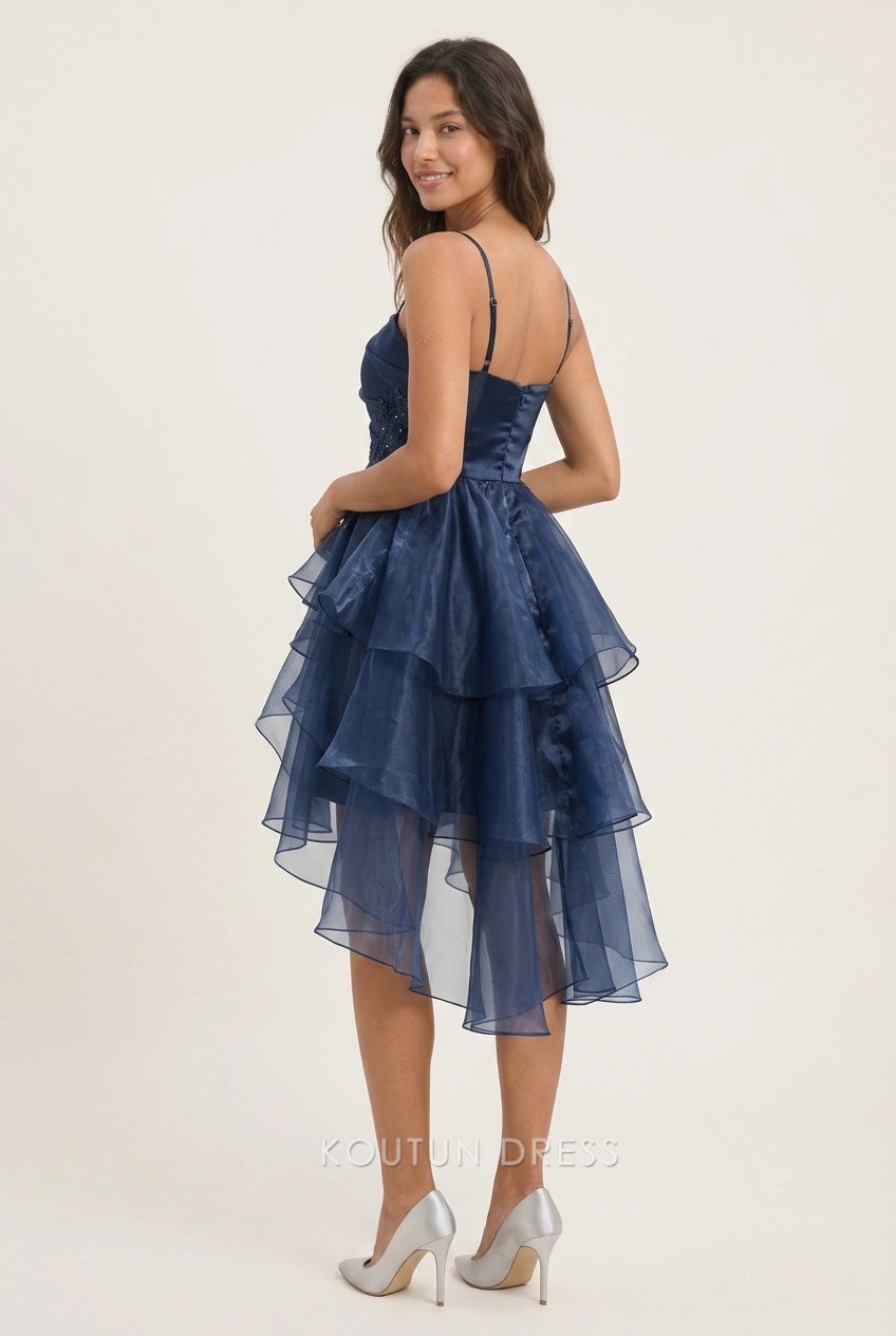 Elegant A-Line Strapless Ruffled Tiered Navy Blue High-Low Homecoming Dresses