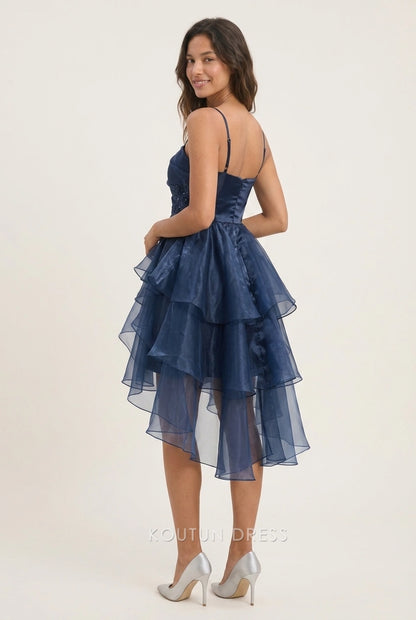 Elegant A-Line Strapless Ruffled Tiered Navy Blue High-Low Homecoming Dresses