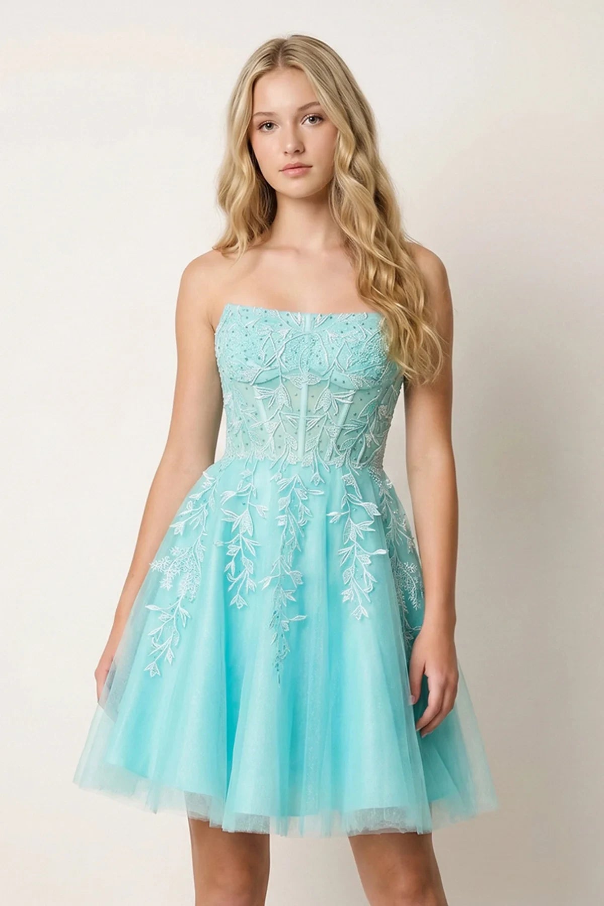 Elegant A-Line Strapless Sleeveless Beaded Aqua Short Homecoming Dress