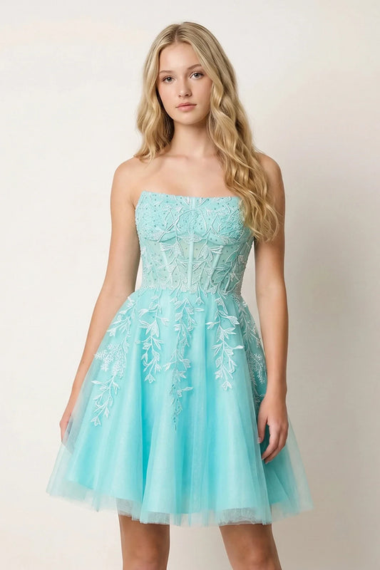 Elegant A-Line Strapless Sleeveless Beaded Aqua Short Homecoming Dress