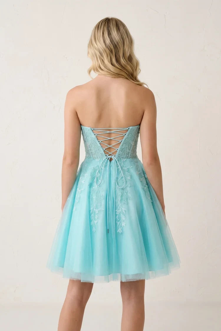 Elegant A-Line Strapless Sleeveless Beaded Aqua Short Homecoming Dress