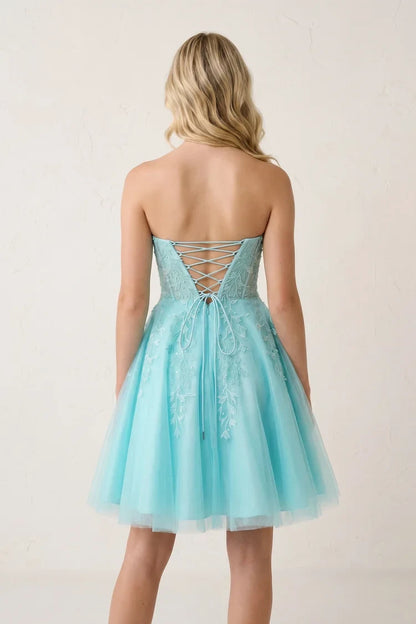 Elegant A-Line Strapless Sleeveless Beaded Aqua Short Homecoming Dress