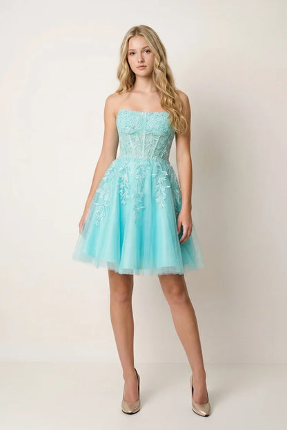 Elegant A-Line Strapless Sleeveless Beaded Aqua Short Homecoming Dress