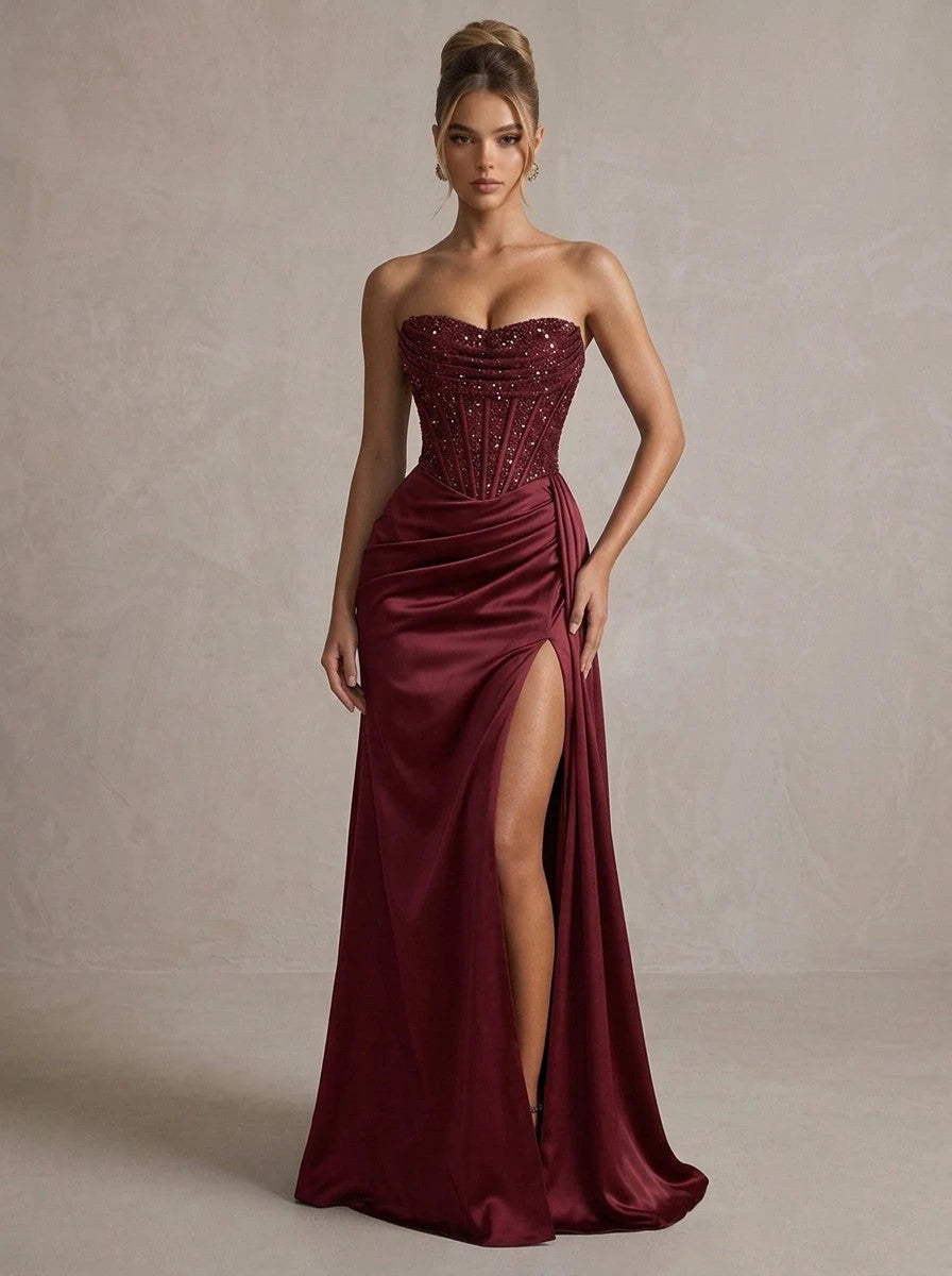 Elegant A-Line Strapless Sleeveless Beaded Slit Burgundy Floor-Length Prom Dresses Women