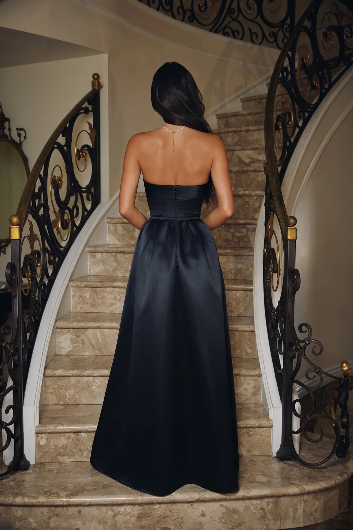 Elegant A-Line Strapless Sleeveless Classic Pockets Black Floor-Length Prom Dresses Women's Gown