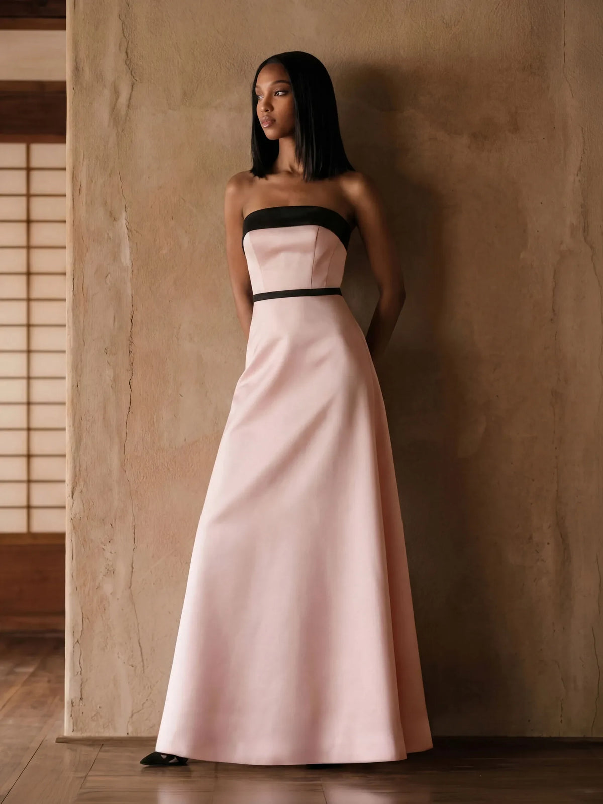 Elegant A-Line Strapless Sleeveless Contrast Trim Pink Maxi Evening Dresses Women Gown