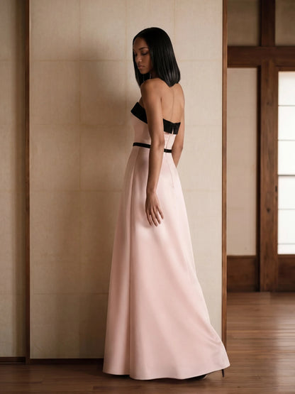 Elegant A-Line Strapless Sleeveless Contrast Trim Pink Maxi Evening Dresses Women Gown