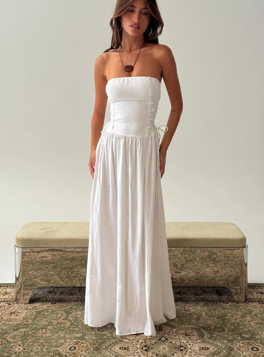 Elegant A-Line Strapless Sleeveless Corset Flowy White Maxi Prom Dress