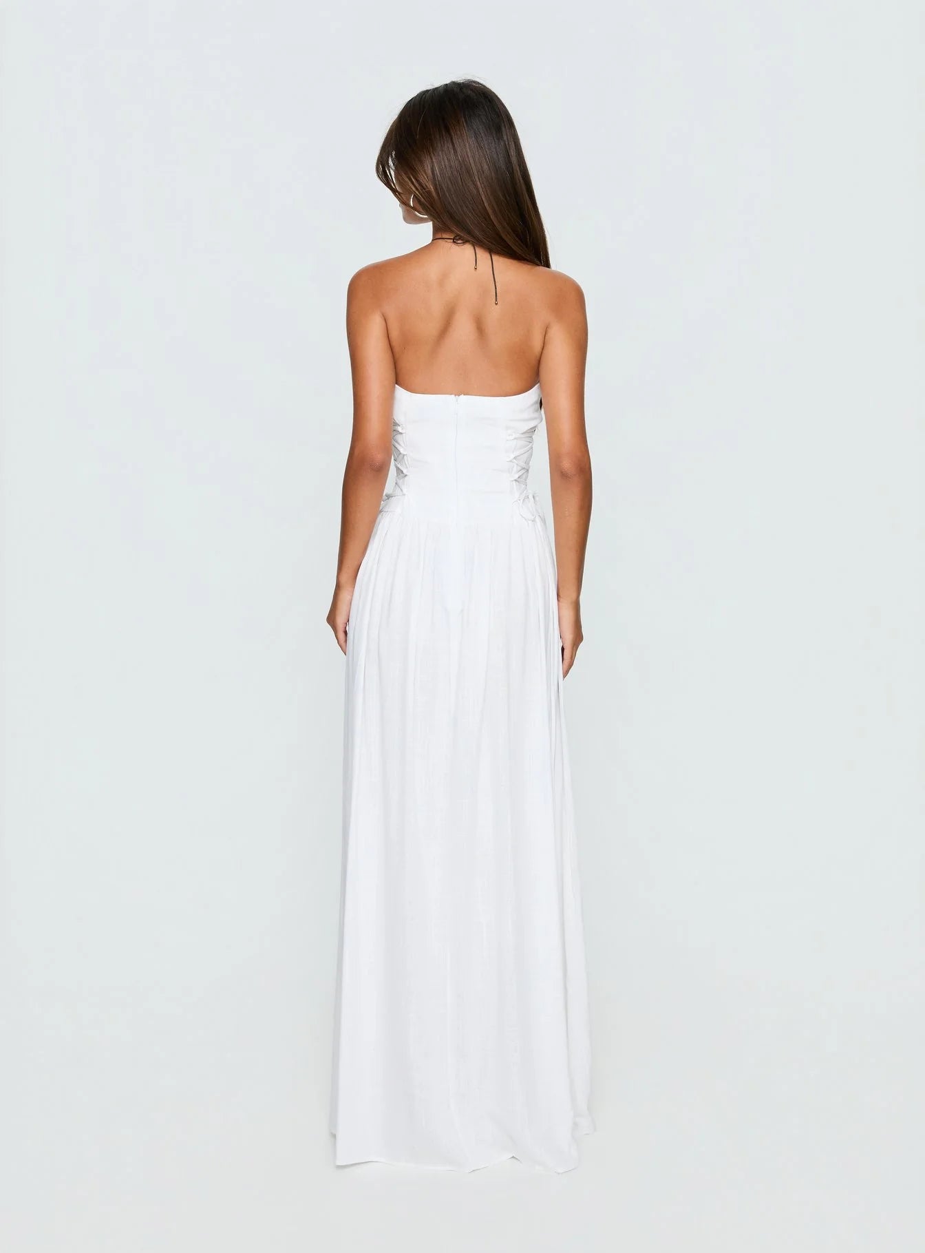 Elegant A-Line Strapless Sleeveless Corset Flowy White Maxi Prom Dress