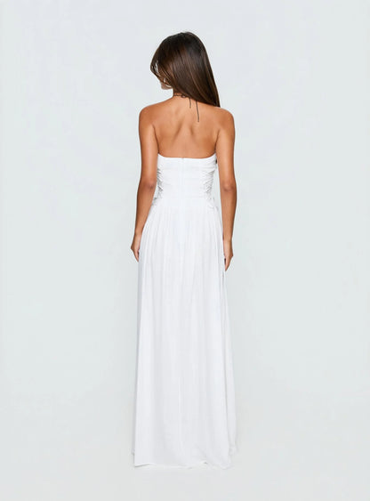 Elegant A-Line Strapless Sleeveless Corset Flowy White Maxi Prom Dress