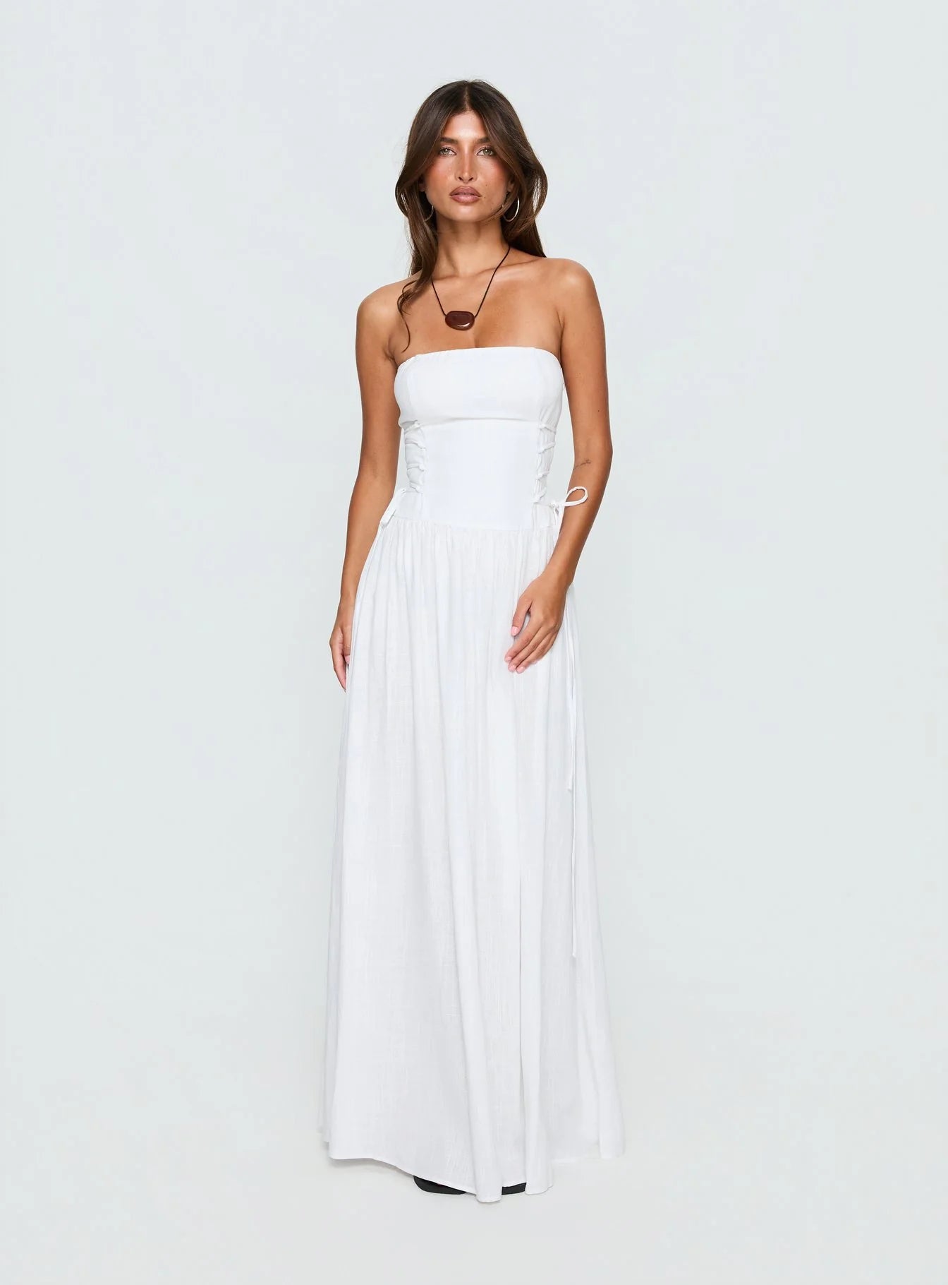 Elegant A-Line Strapless Sleeveless Corset Flowy White Maxi Prom Dress