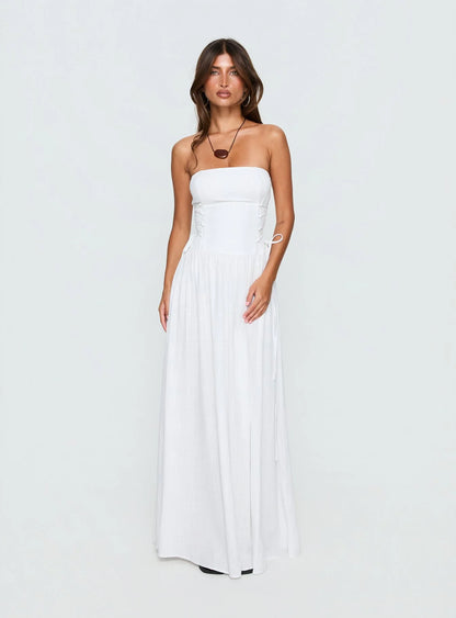 Elegant A-Line Strapless Sleeveless Corset Flowy White Maxi Prom Dress
