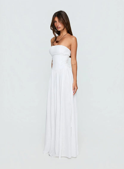 Elegant A-Line Strapless Sleeveless Corset Flowy White Maxi Prom Dress