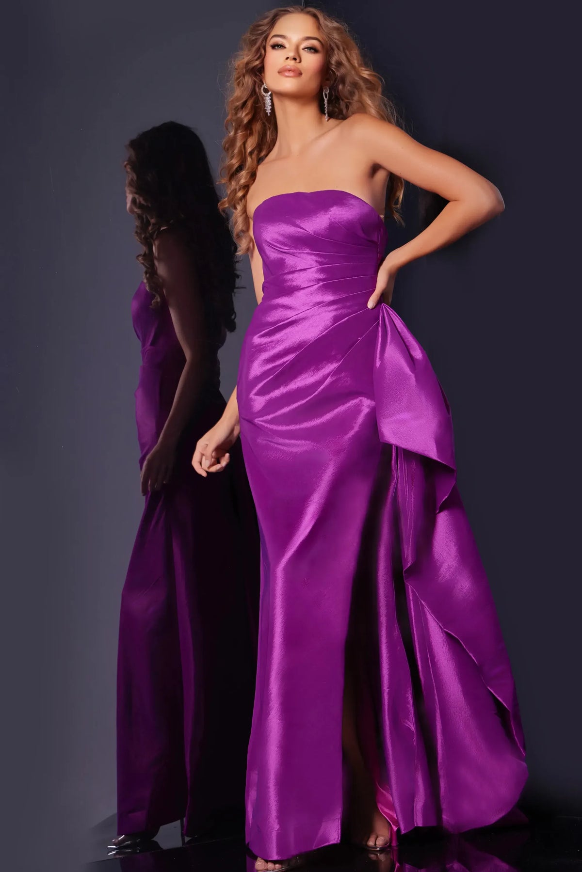 Elegant A-Line Strapless Sleeveless Draped Slit Magenta Floor-Length Evening Gown