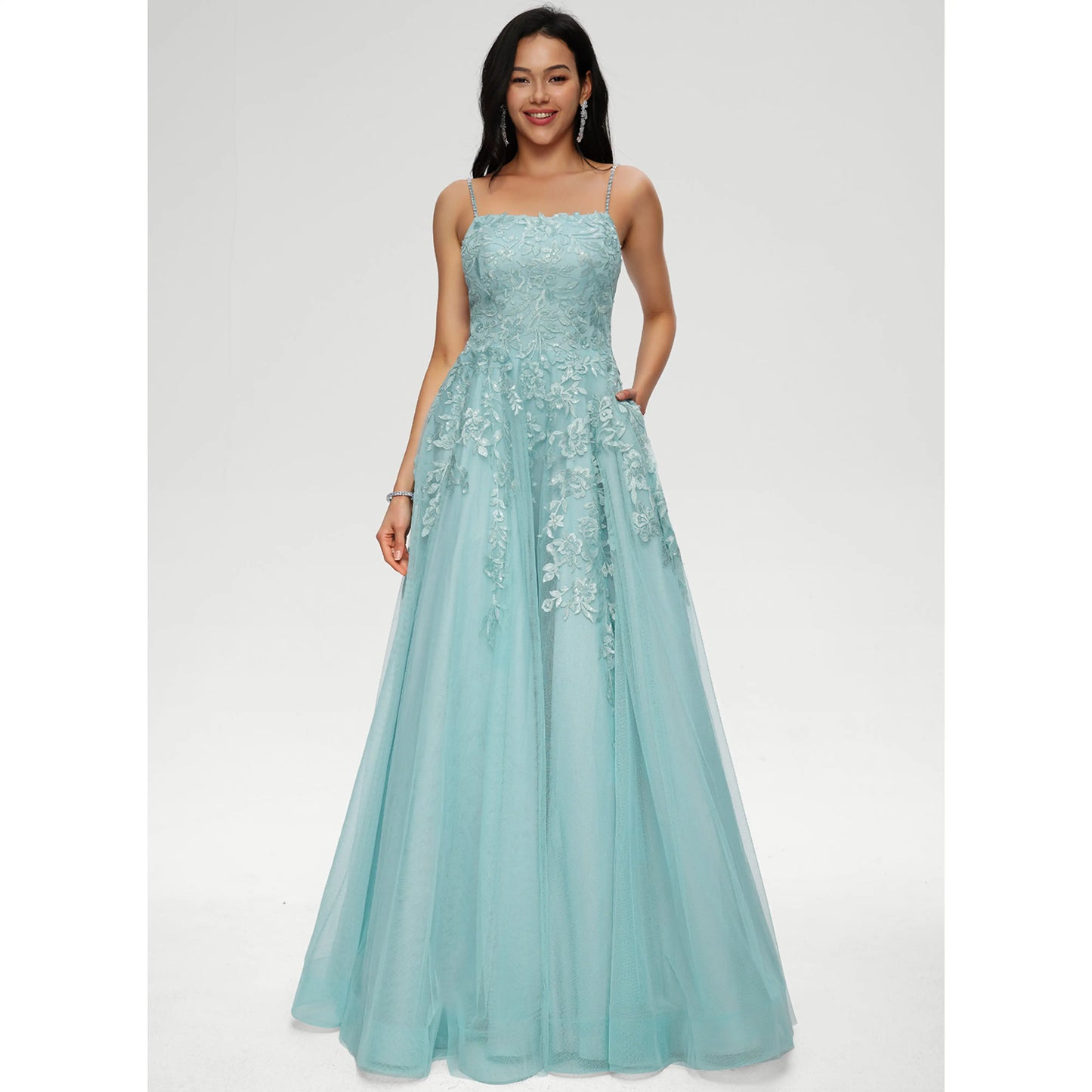 Elegant A-Line Strapless Sleeveless Embroidered Pocketed Aqua Floor-Length Prom Dress