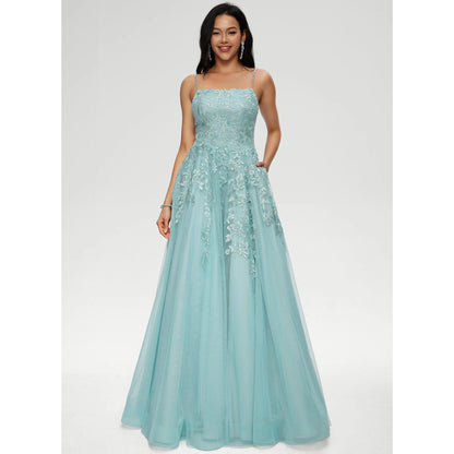 Elegant A-Line Strapless Sleeveless Embroidered Pocketed Aqua Floor-Length Prom Dress