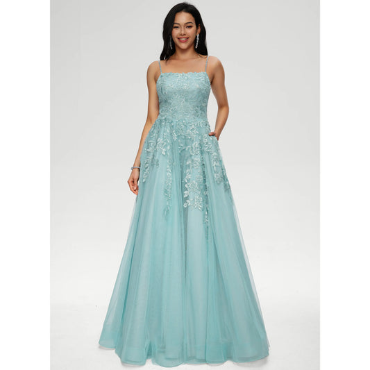 Elegant A-Line Strapless Sleeveless Embroidered Pocketed Aqua Floor-Length Prom Dress