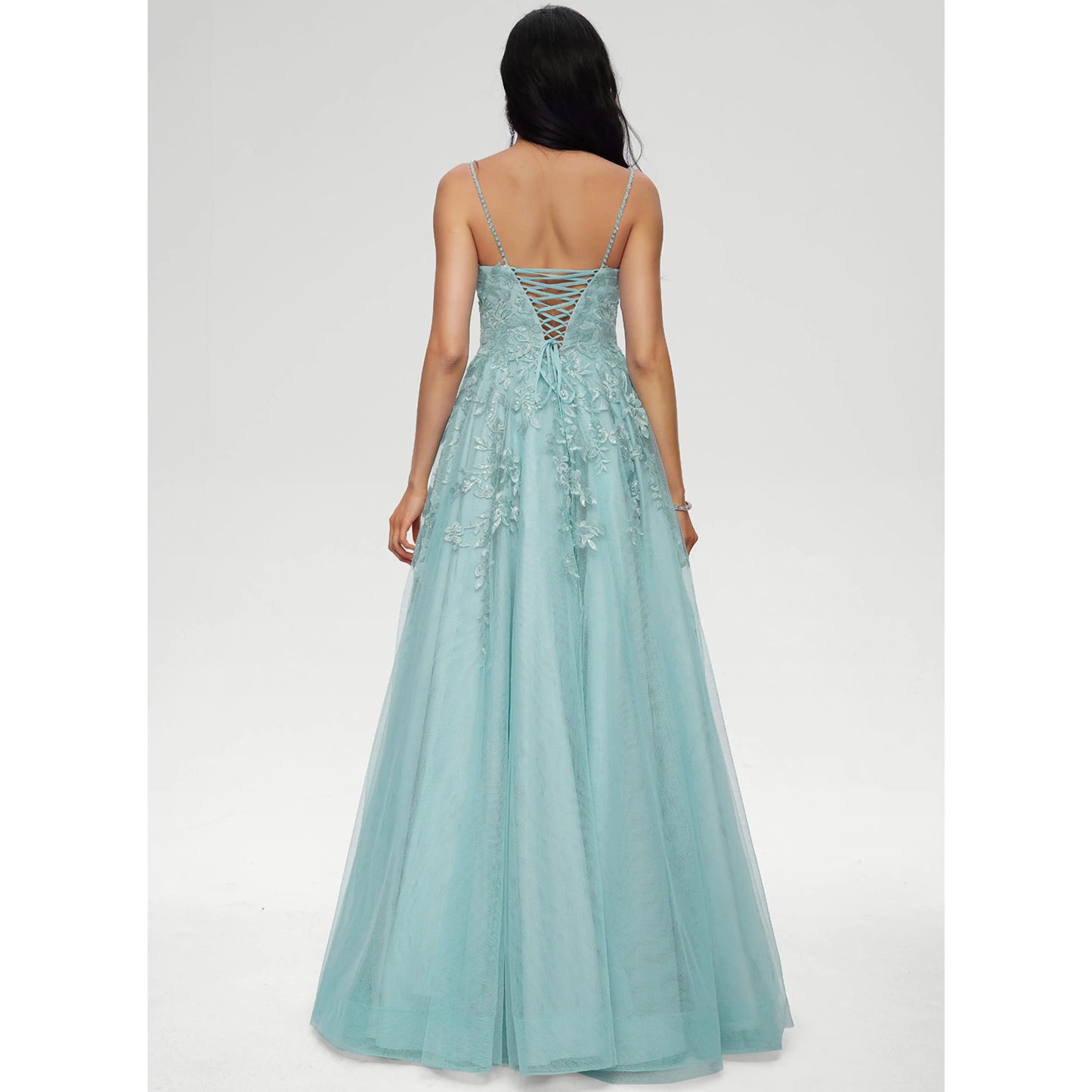 Elegant A-Line Strapless Sleeveless Embroidered Pocketed Aqua Floor-Length Prom Dress