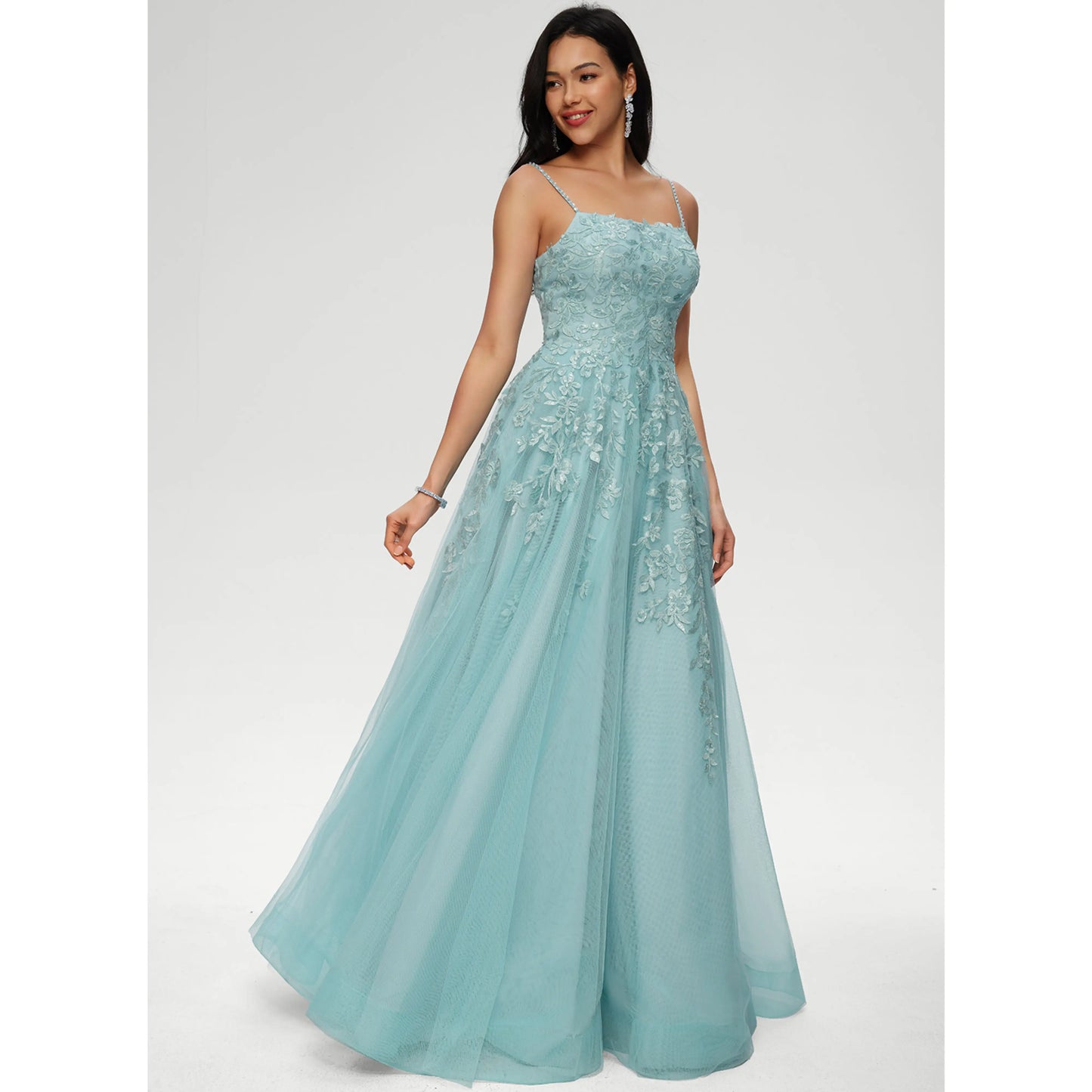 Elegant A-Line Strapless Sleeveless Embroidered Pocketed Aqua Floor-Length Prom Dress