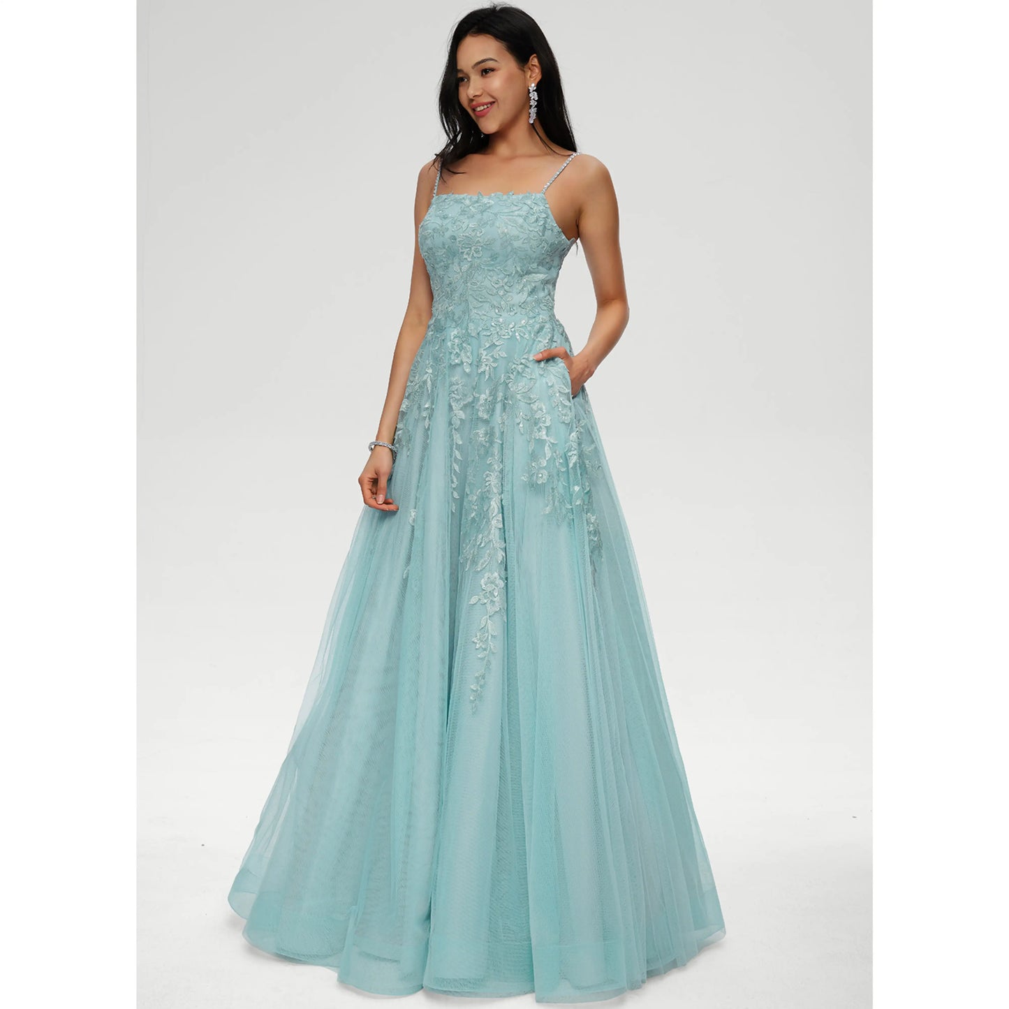 Elegant A-Line Strapless Sleeveless Embroidered Pocketed Aqua Floor-Length Prom Dress