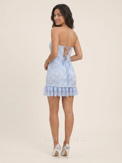 Elegant A-Line Strapless Sleeveless Embroidered Ruffled Light Blue Short Homecoming Dress
