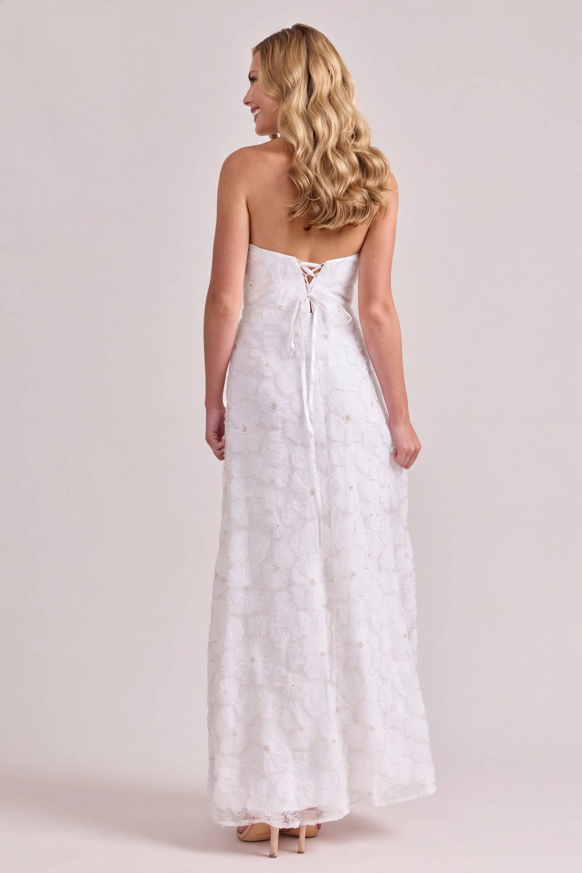 Elegant A-Line Strapless Sleeveless Floral Beaded White Floor-Length Prom Dress