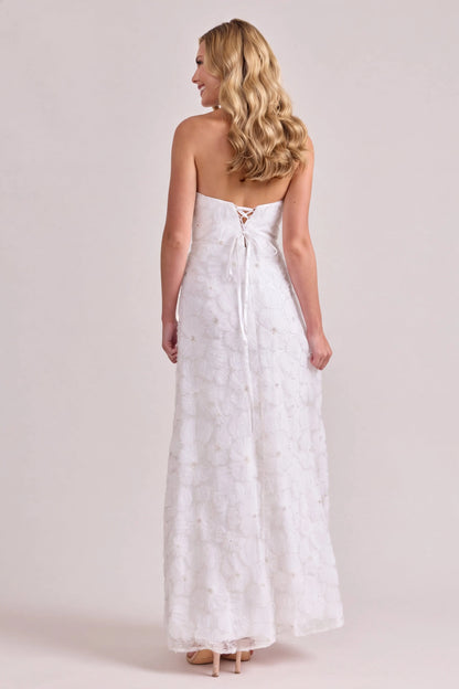 Elegant A-Line Strapless Sleeveless Floral Beaded White Floor-Length Prom Dress