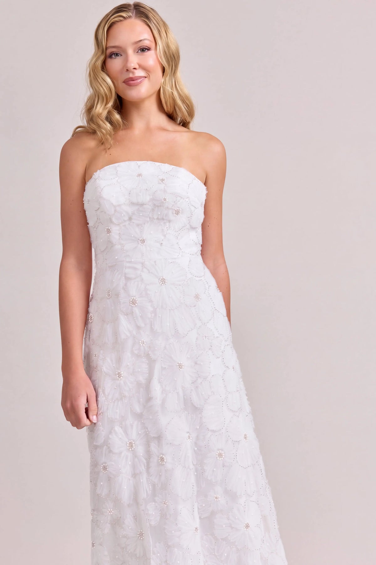 Elegant A-Line Strapless Sleeveless Floral Beaded White Floor-Length Prom Dress